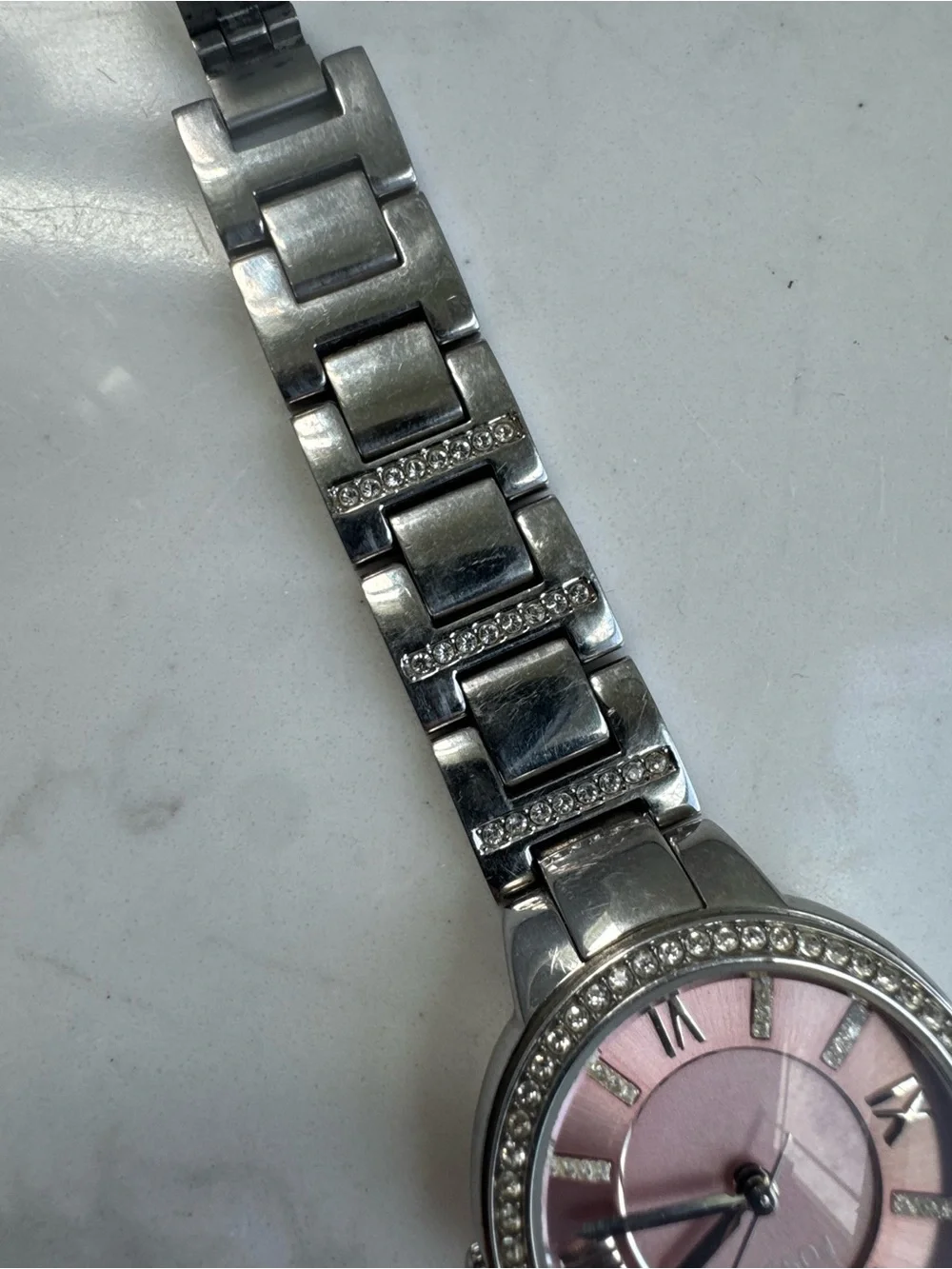 Fossil Virginia Stainless Steel 3 hand watch Pink Dial Crystals